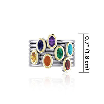 Oval Chakra Gemstone on Silver and Gold Stack Ring MRI1856 - Jewelry